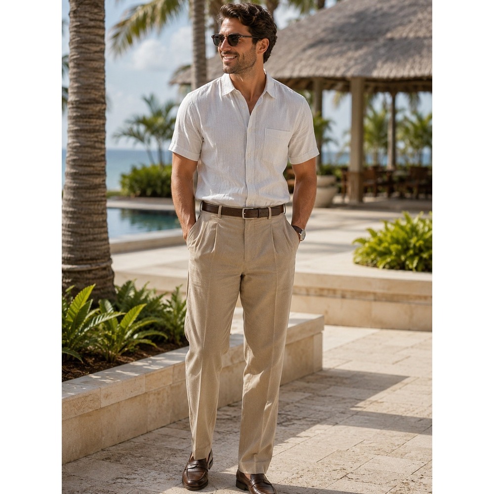 TOMMY BAHAMA Men's Tan Biege Khacki Silk Pants 38 X 31 Herringbone -426